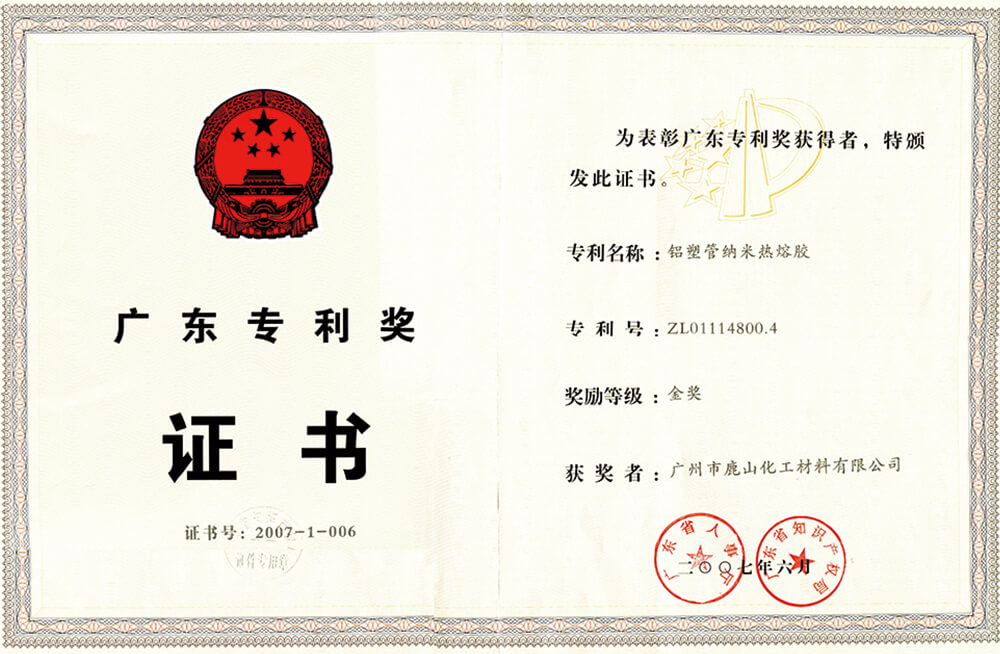 廣東專利獎證書